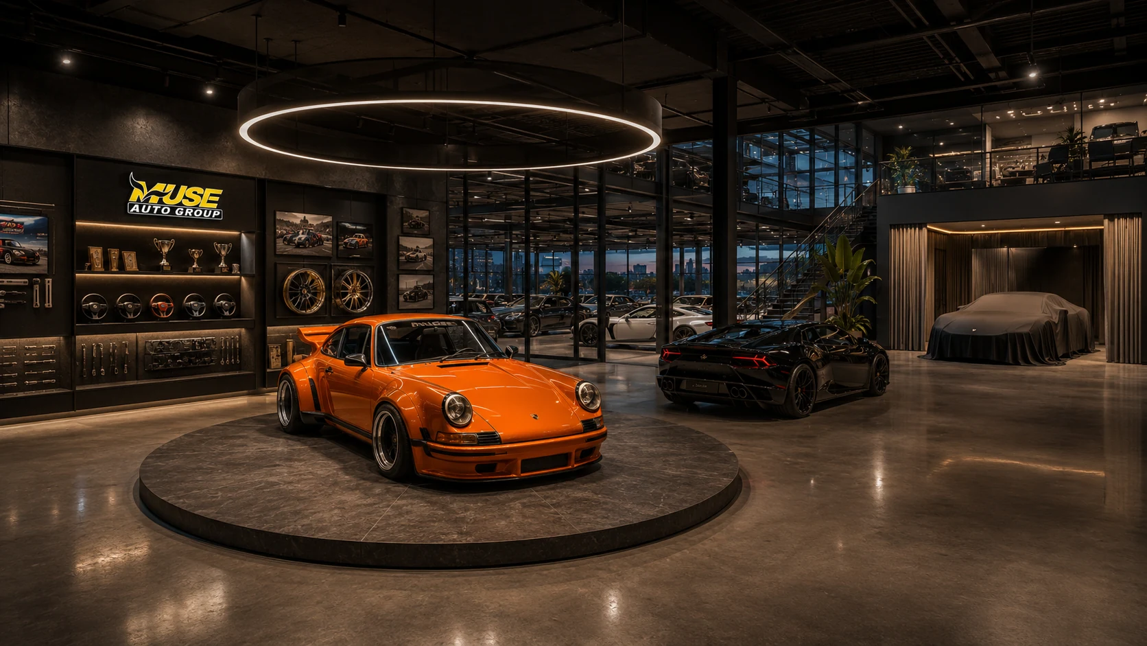 Future Muse Auto Group showroom with a Porsche 911 on a turntable